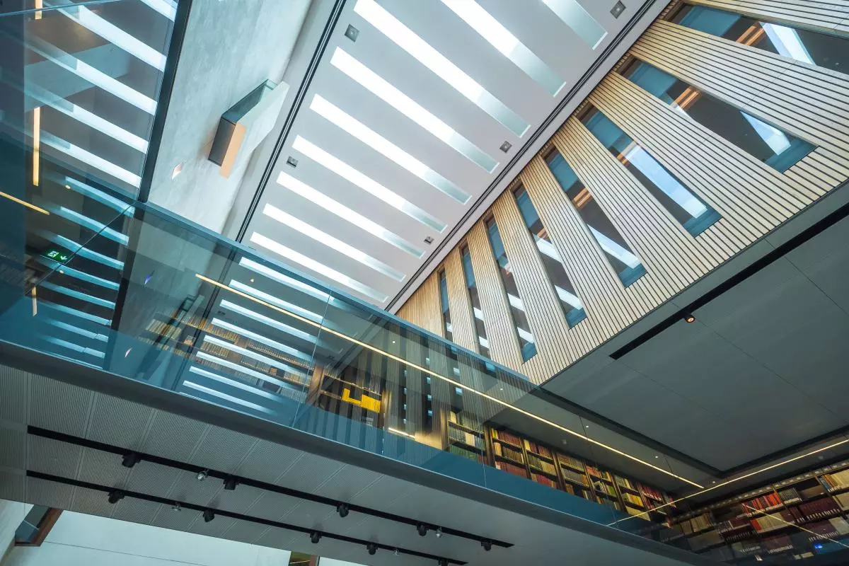 View of the walkway and ceiling at the Weston Library